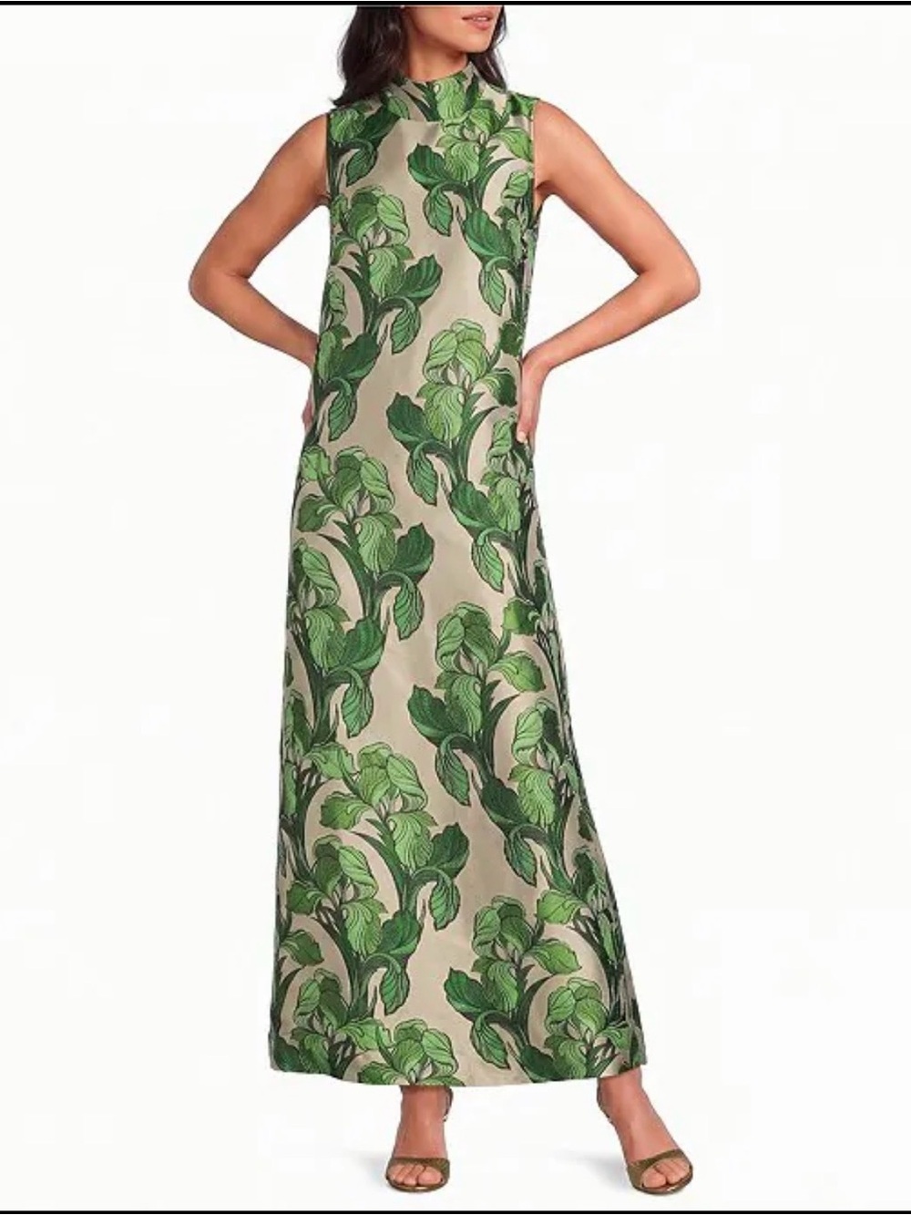 High-Neck Sleeveless Maxi Dress in Green Botanical Print